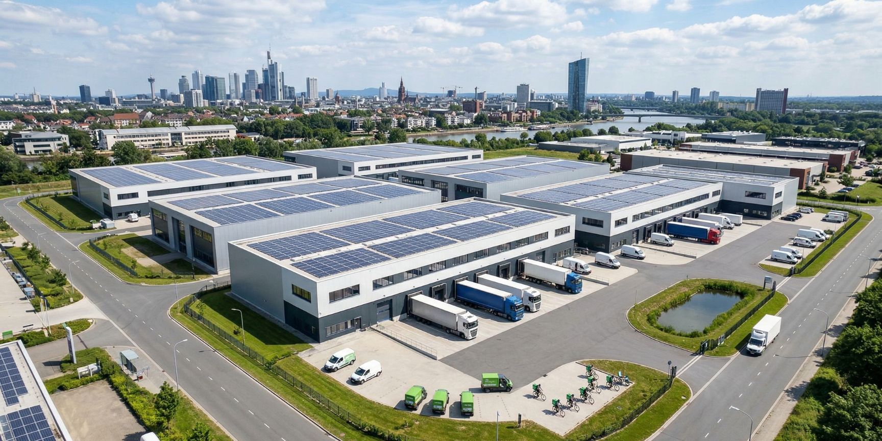 Luftaufnahme eines nachhaltigen Light-Industrial-Gewerbeparks mit Photovoltaik-Dächern, LKWs an Ladedocks und einer Stadtsilhouette im Hintergrund.